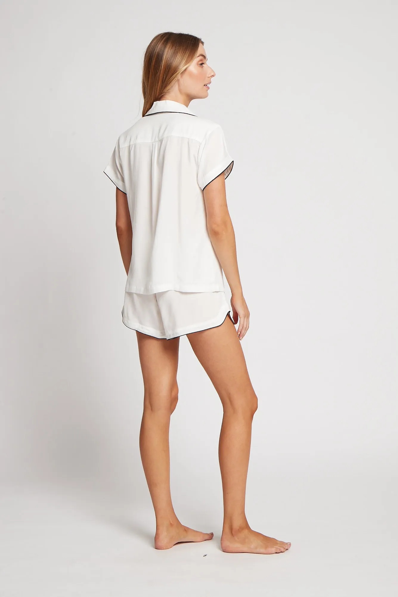 Eva Short Tencel™ Pyjama Set - White with Black Piping