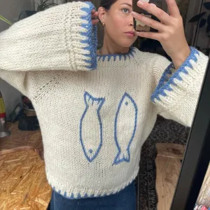 Flytonn-Fish Contrast Color Warm Sweater for Fall Winter Y2K Knitwear Aesthetic Knitted Sweater Vintage Long Sleeve Crew Neck Pullover