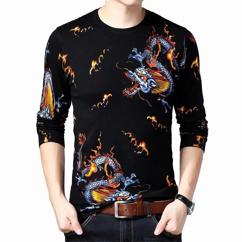 Gold Dragon with Fire Sparks Graph Print Men Pullover Shirt