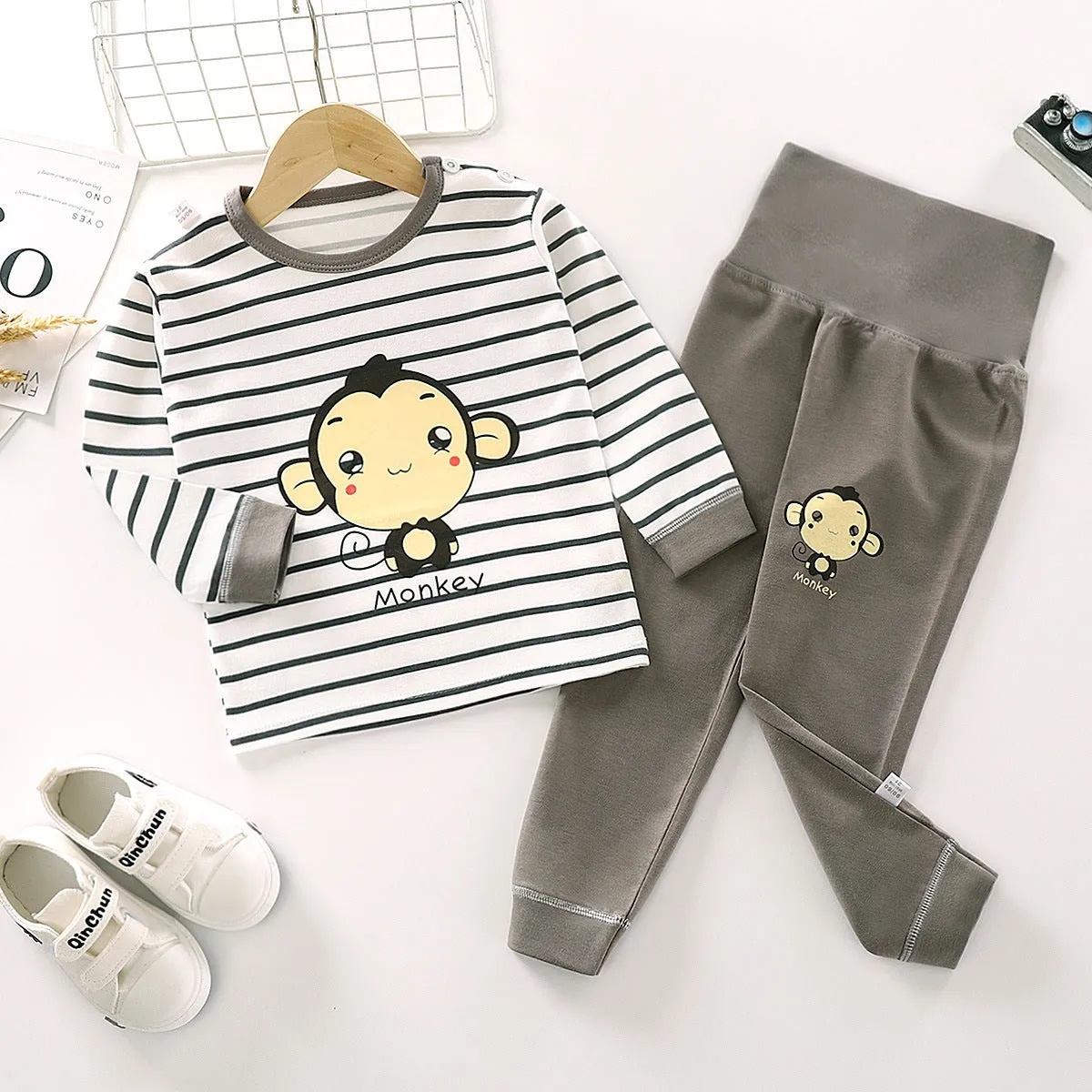 Newborn Toddler Kids Monkey Printed Baby Boys Clothing Set Long Sleeve Tops Pants Little Kids All season Outfits, Brown