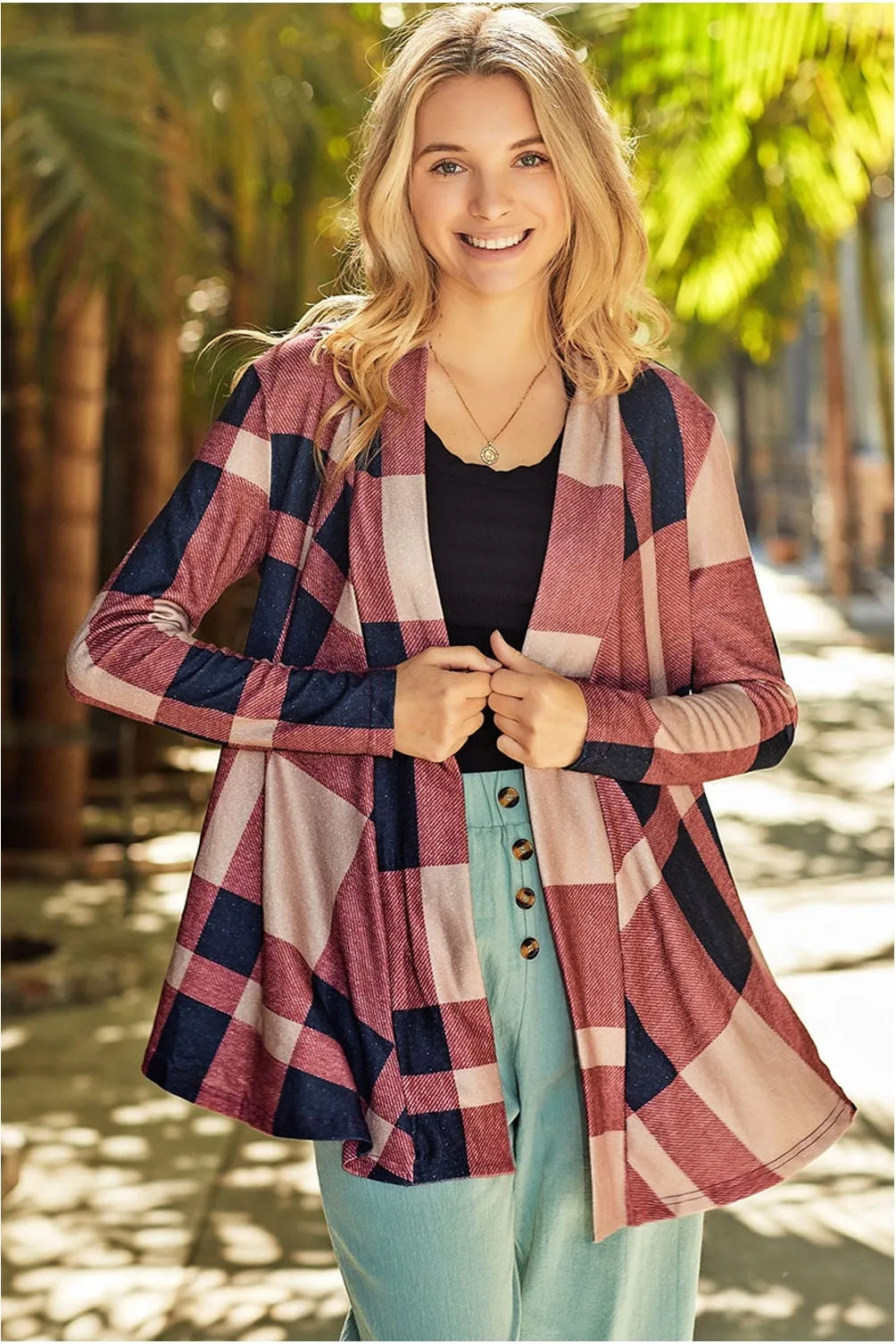NicholesGifts Women Plaid Open Front Cardigan