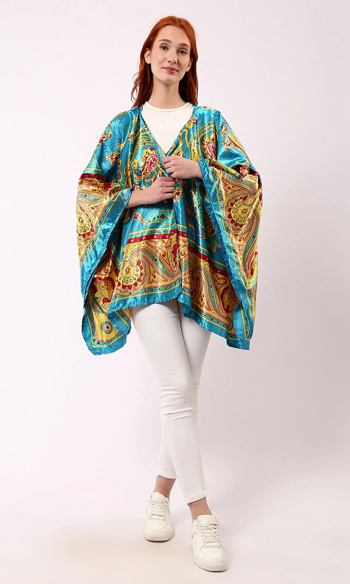 O182856 Slip On Open Neckline Stain Cardigan - Turquoise & Yellow