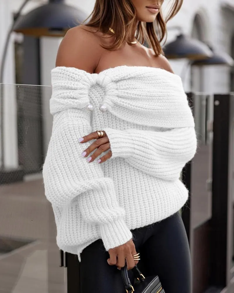 Off Shoulder Ruched Oversized Knit Sweater