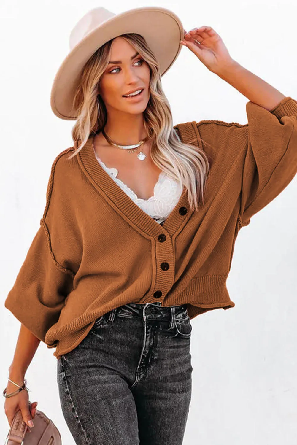 Reverse Seam Trim Puff Sleeve Plunging Cardigan