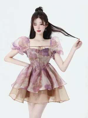 Soft Girl Puff Sleeve Layered Mini Dress