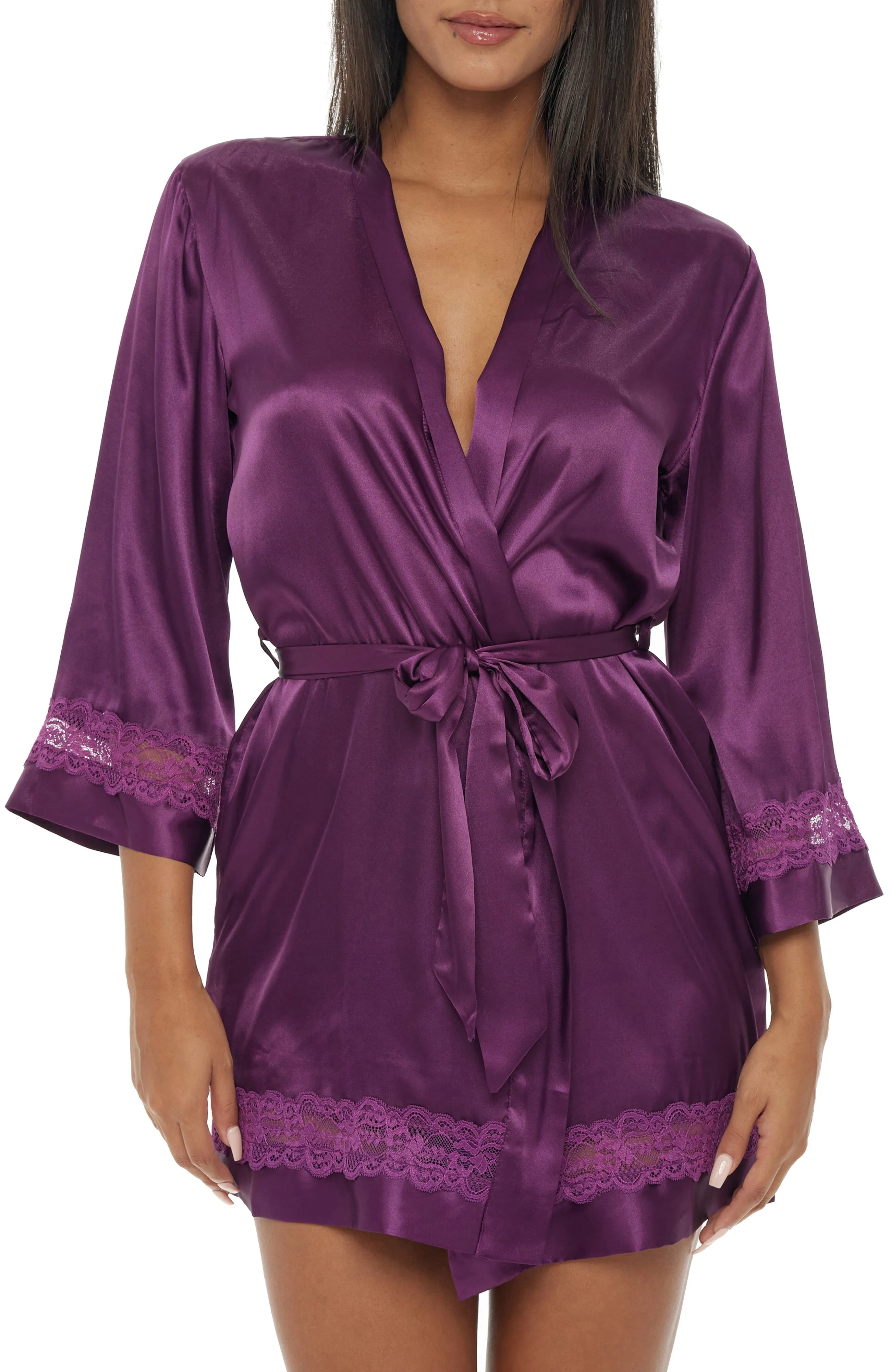 Women's Lace Trim Satin Robe, Knee Length